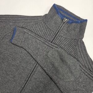 Ibex‎ Mens Large Merino Wool Full Zip Sweater Gray Blue Mock Neck Elbow Patches